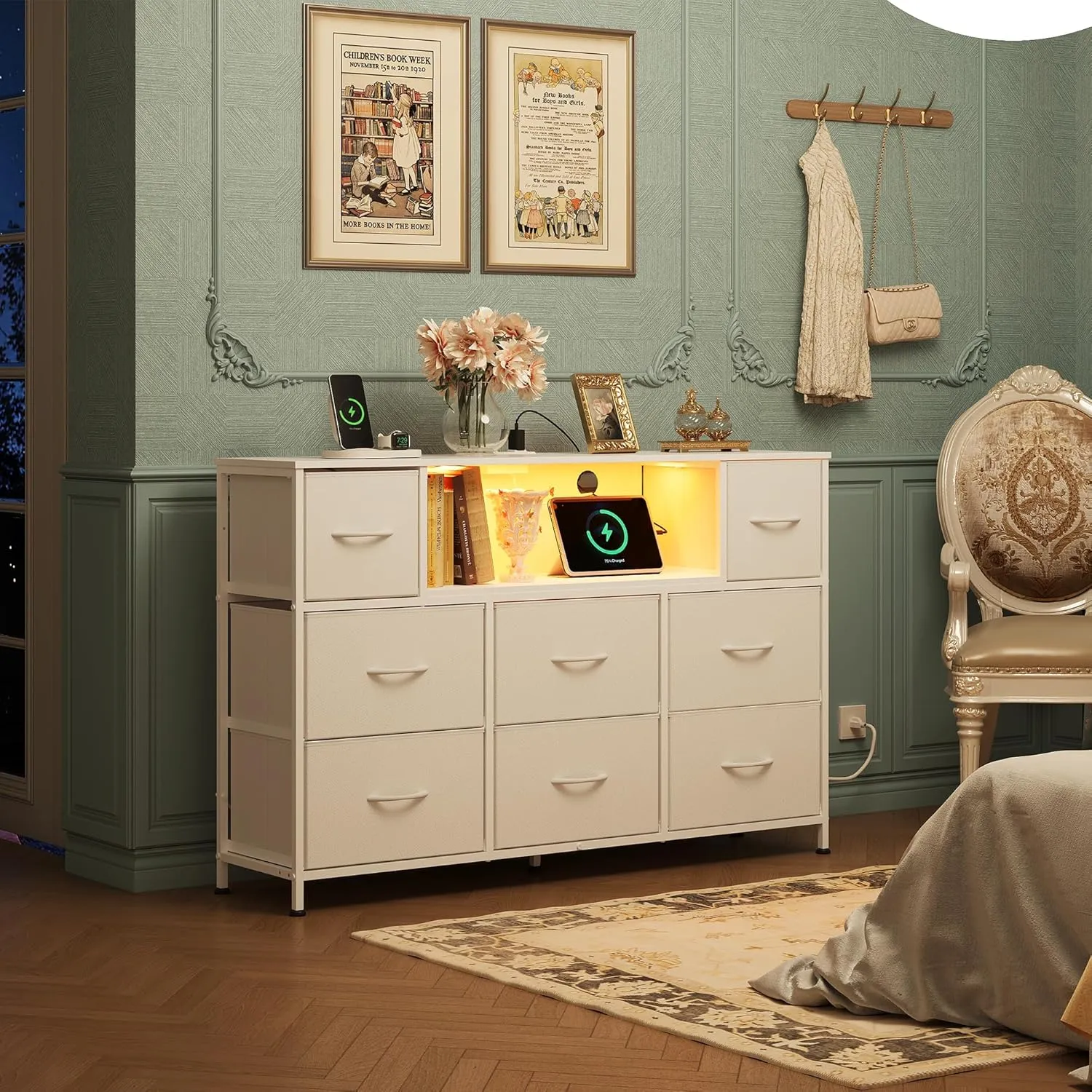 WLIVE White Dresser for Bedroom, TV Stand for Bedroom for 50, 55 inch TV with Charging Station and LED Lights, Fabric Chest of Drawers with Open Shelves, 8 Drawer Dressers for Living Room, Closet