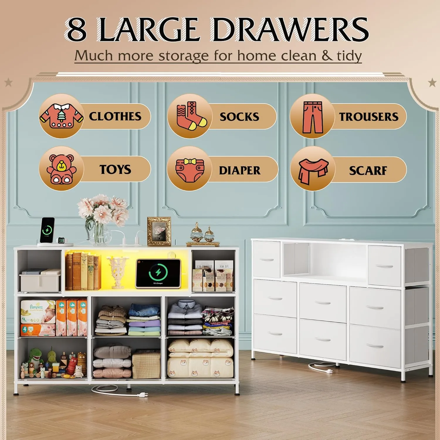 WLIVE White Dresser for Bedroom, TV Stand for Bedroom for 50, 55 inch TV with Charging Station and LED Lights, Fabric Chest of Drawers with Open Shelves, 8 Drawer Dressers for Living Room, Closet