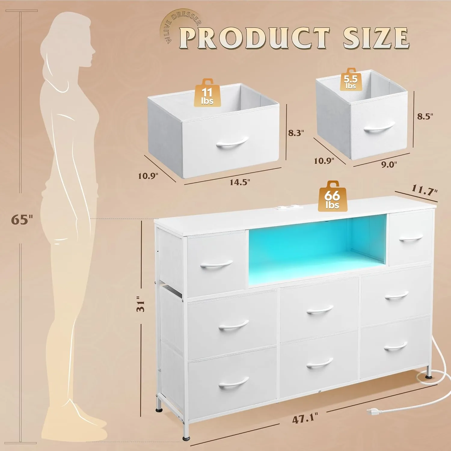 WLIVE White Dresser for Bedroom, TV Stand for Bedroom for 50, 55 inch TV with Charging Station and LED Lights, Fabric Chest of Drawers with Open Shelves, 8 Drawer Dressers for Living Room, Closet