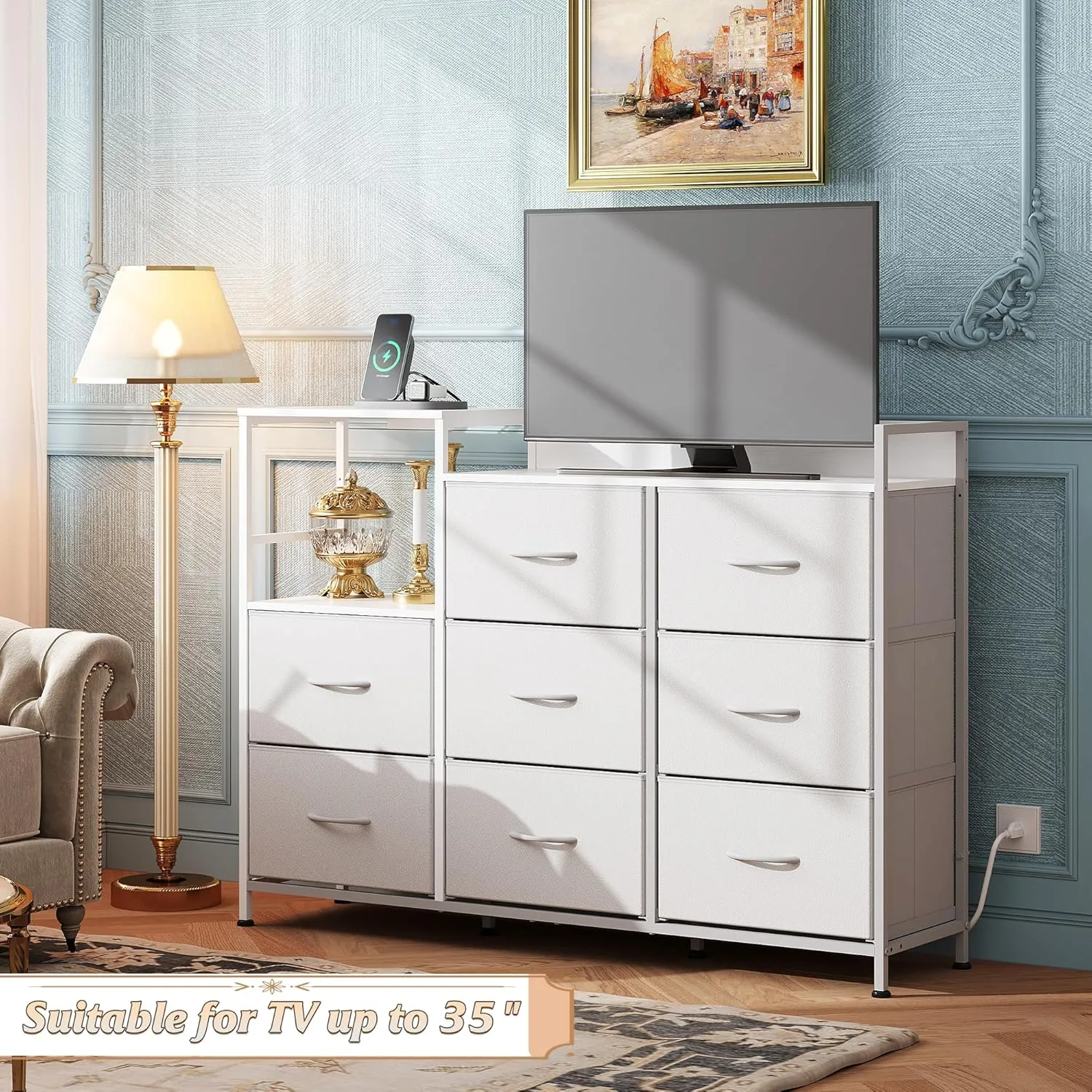 WLIVE White Dresser TV Stand for Bedroom with Charging Station and Open Shelves, Fabric Dresser with 8 Drawers and Wood Top, Wide Storage Chest of Drawers for Living Room, Hallway