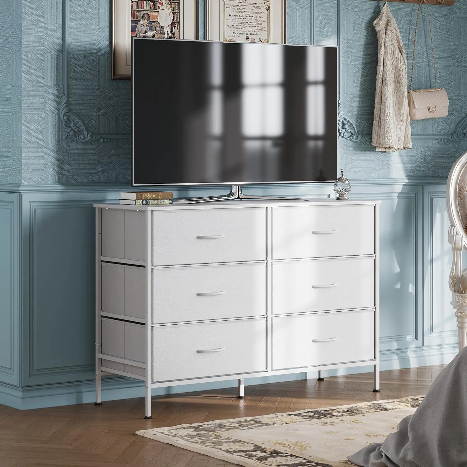 WLIVE Wide Dresser with 6 Drawers, TV Stand for 50" TV, Entertainment Center with Metal Frame, Wooden Top, Fabric Storage Dresser for Bedroom, Hallway, Entryway, White