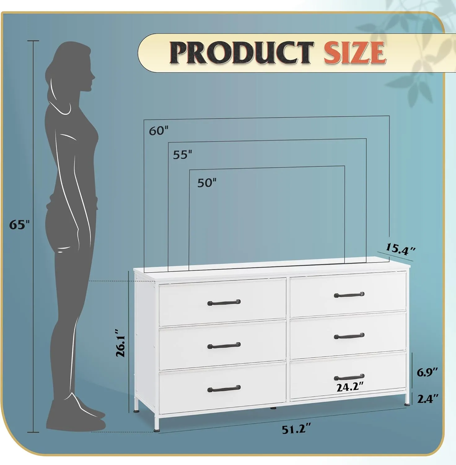 WLIVE Wide Fabric Dresser, 6 Drawer Dresser TV Stand for 60" TV, Dressers Bedroom Furniture Large Storage Tower Unit with Fabric Bins, White Dresser for Bedroom, Closet, Hallway, White