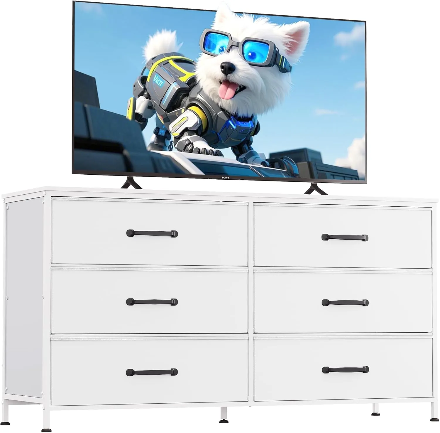 WLIVE Wide Fabric Dresser, 6 Drawer Dresser TV Stand for 60" TV, Dressers Bedroom Furniture Large Storage Tower Unit with Fabric Bins, White Dresser for Bedroom, Closet, Hallway, White