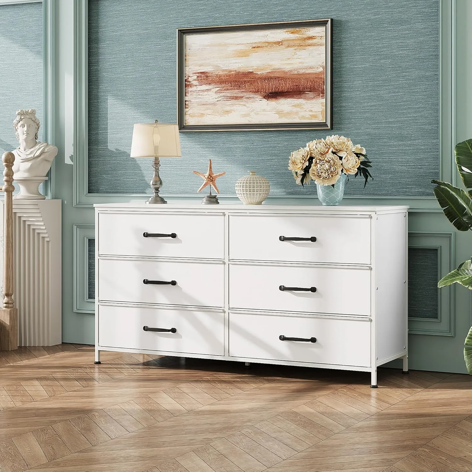 WLIVE Wide Fabric Dresser, 6 Drawer Dresser TV Stand for 60" TV, Dressers Bedroom Furniture Large Storage Tower Unit with Fabric Bins, White Dresser for Bedroom, Closet, Hallway, White