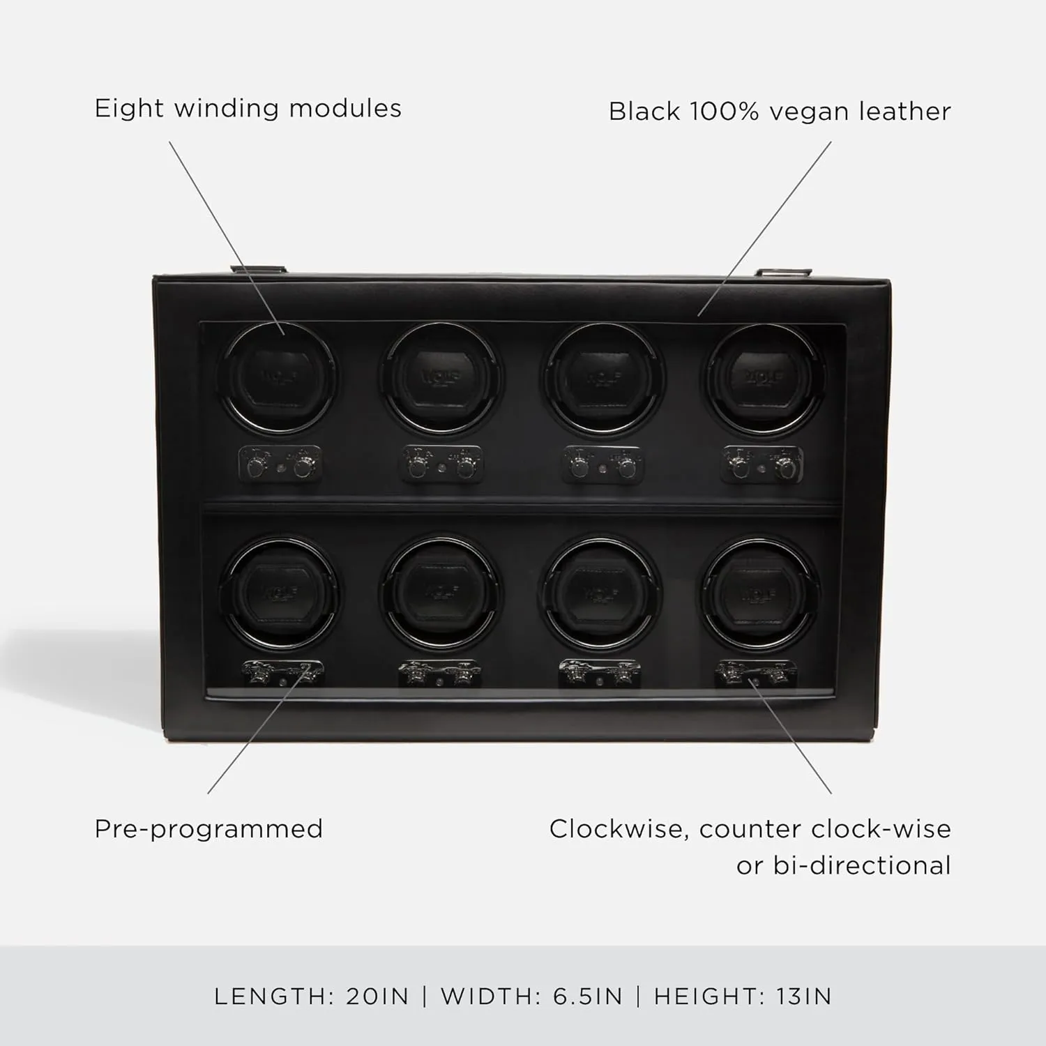 WOLF Heritage 8-Piece Winder with Glass Cover, Black - Secure Fit with Patented Lock-In Dynamic Cuff - For Bigger, Heavier Watches - Faux Leather - Includes Universal Adapter