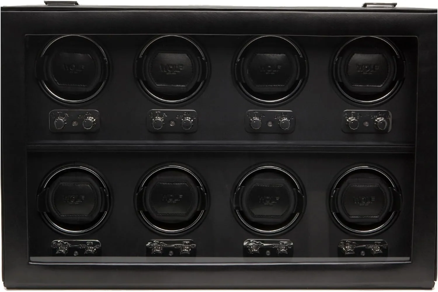 WOLF Heritage 8-Piece Winder with Glass Cover, Black - Secure Fit with Patented Lock-In Dynamic Cuff - For Bigger, Heavier Watches - Faux Leather - Includes Universal Adapter