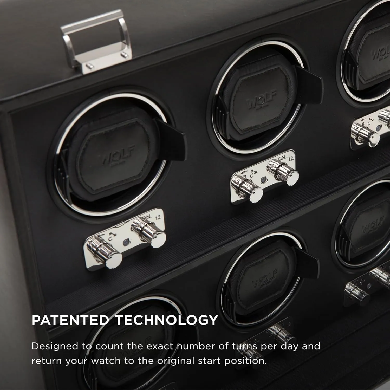 WOLF Heritage 8-Piece Winder with Glass Cover, Black - Secure Fit with Patented Lock-In Dynamic Cuff - For Bigger, Heavier Watches - Faux Leather - Includes Universal Adapter