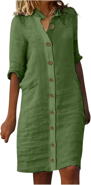 Women Half Sleeve Cotton Linen Short Shirt Dress Button Down Lapel Knee Length Dress Casual Summer Beach Cute Dresses