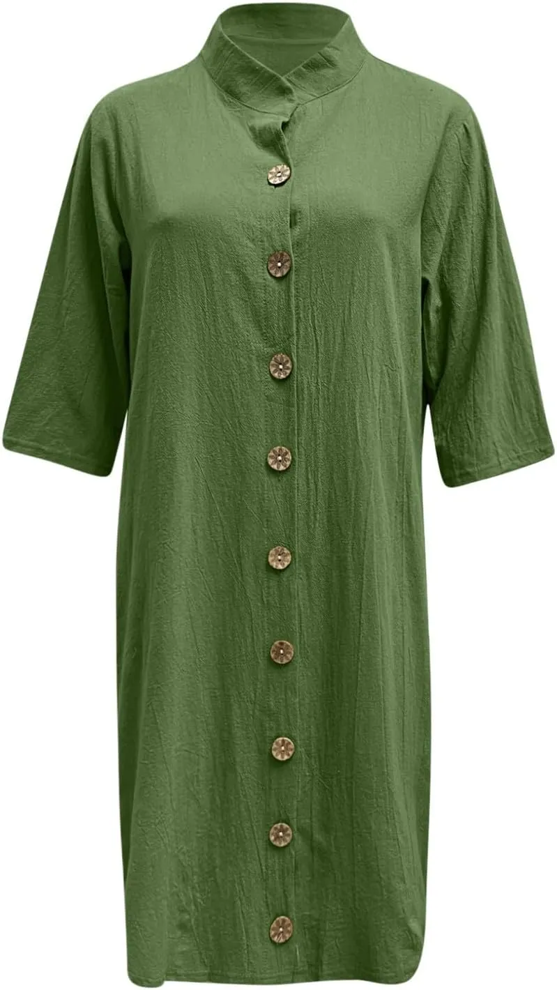 Women Half Sleeve Cotton Linen Short Shirt Dress Button Down Lapel Knee Length Dress Casual Summer Beach Cute Dresses