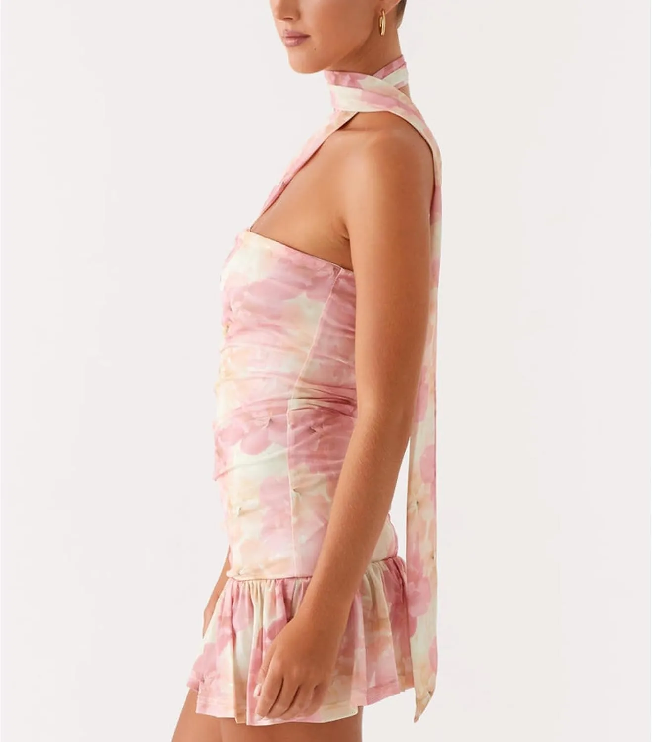 Women Halter Neck Mini Bodycon Dress with Scarf Y2k Sexy Open Back Silk Satin Club Party Night Short Dresses