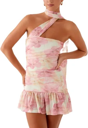 Women Halter Neck Mini Bodycon Dress with Scarf Y2k Sexy Open Back Silk Satin Club Party Night Short Dresses