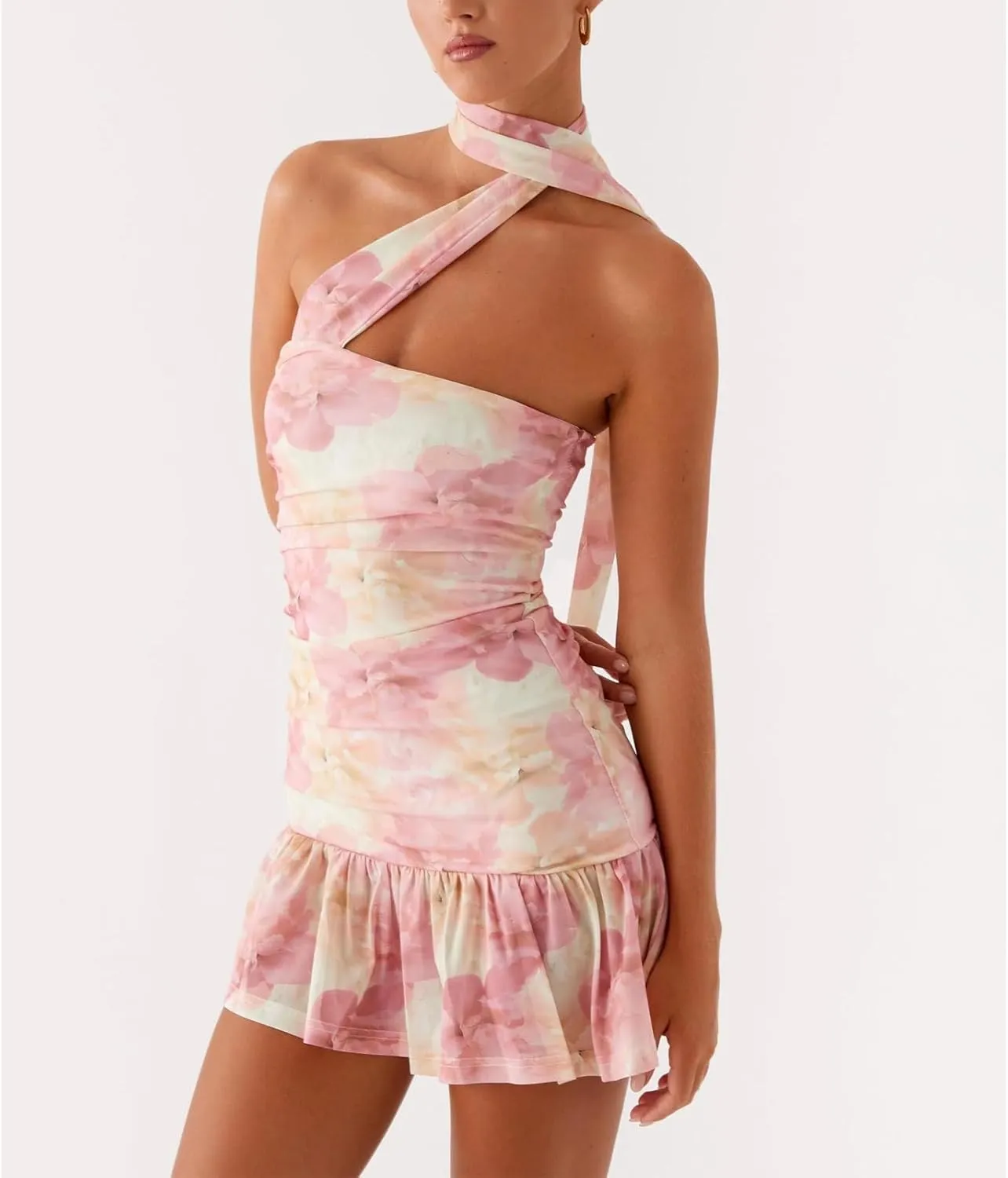 Women Halter Neck Mini Bodycon Dress with Scarf Y2k Sexy Open Back Silk Satin Club Party Night Short Dresses