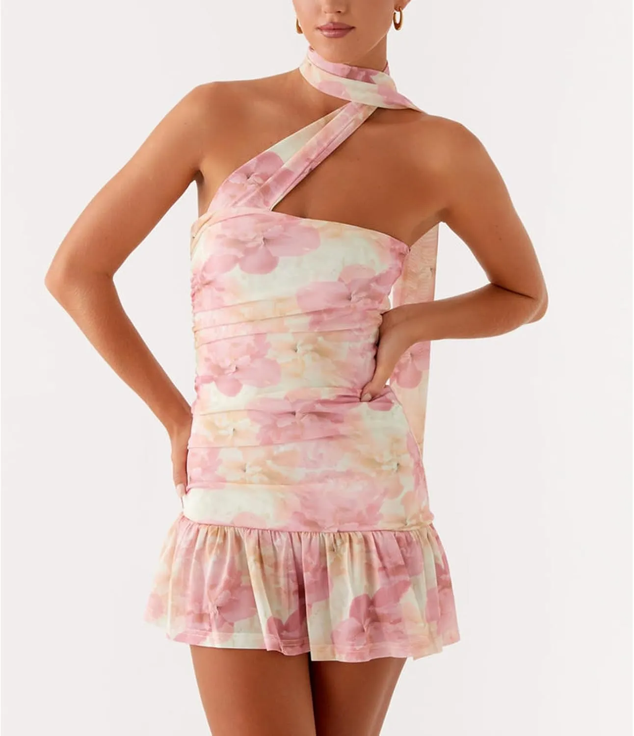 Women Halter Neck Mini Bodycon Dress with Scarf Y2k Sexy Open Back Silk Satin Club Party Night Short Dresses