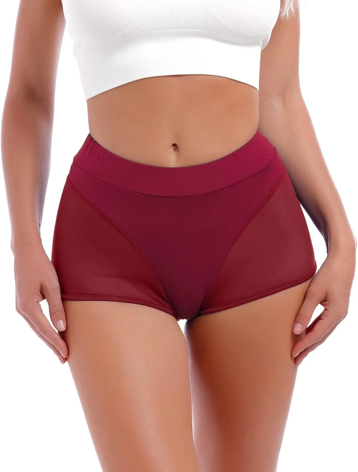 Women High Waist Mesh Tulle Spliced Activewear Yoga Shorts Dance Bottoms Rave Booty Shorts Mini Hot Pants