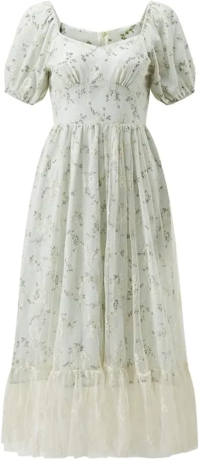 Women Hollow Out Puff Sleeve Floral Embroidery Lace Mesh Dress for Casual Wedding Cocktail Party