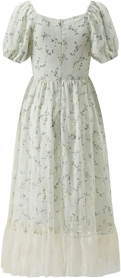Women Hollow Out Puff Sleeve Floral Embroidery Lace Mesh Dress for Casual Wedding Cocktail Party