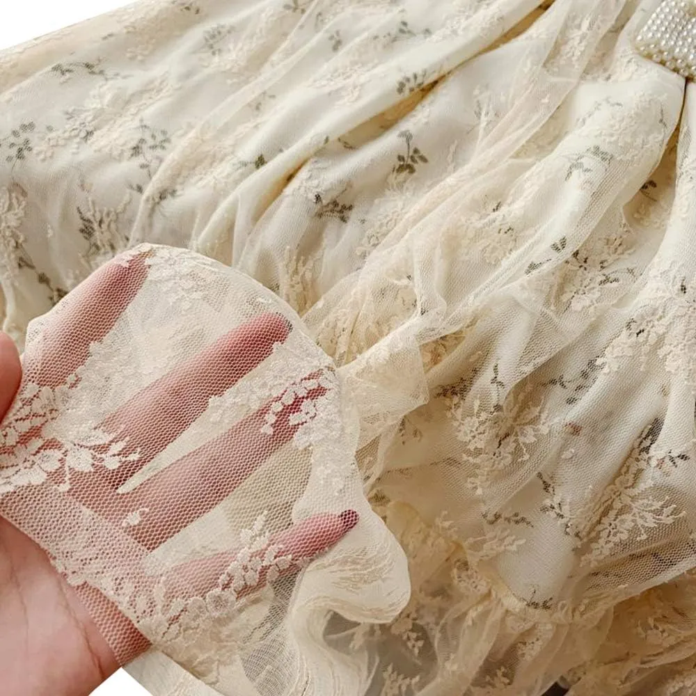 Women Hollow Out Puff Sleeve Floral Embroidery Lace Mesh Dress for Casual Wedding Cocktail Party