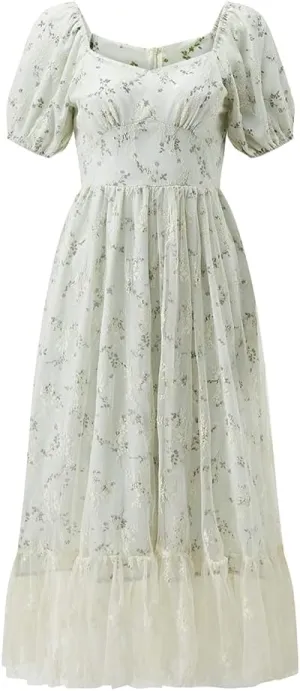 Women Hollow Out Puff Sleeve Floral Embroidery Lace Mesh Dress for Casual Wedding Cocktail Party