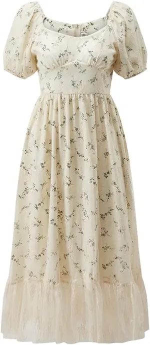 Women Hollow Out Puff Sleeve Floral Embroidery Lace Mesh Dress for Casual Wedding Cocktail Party