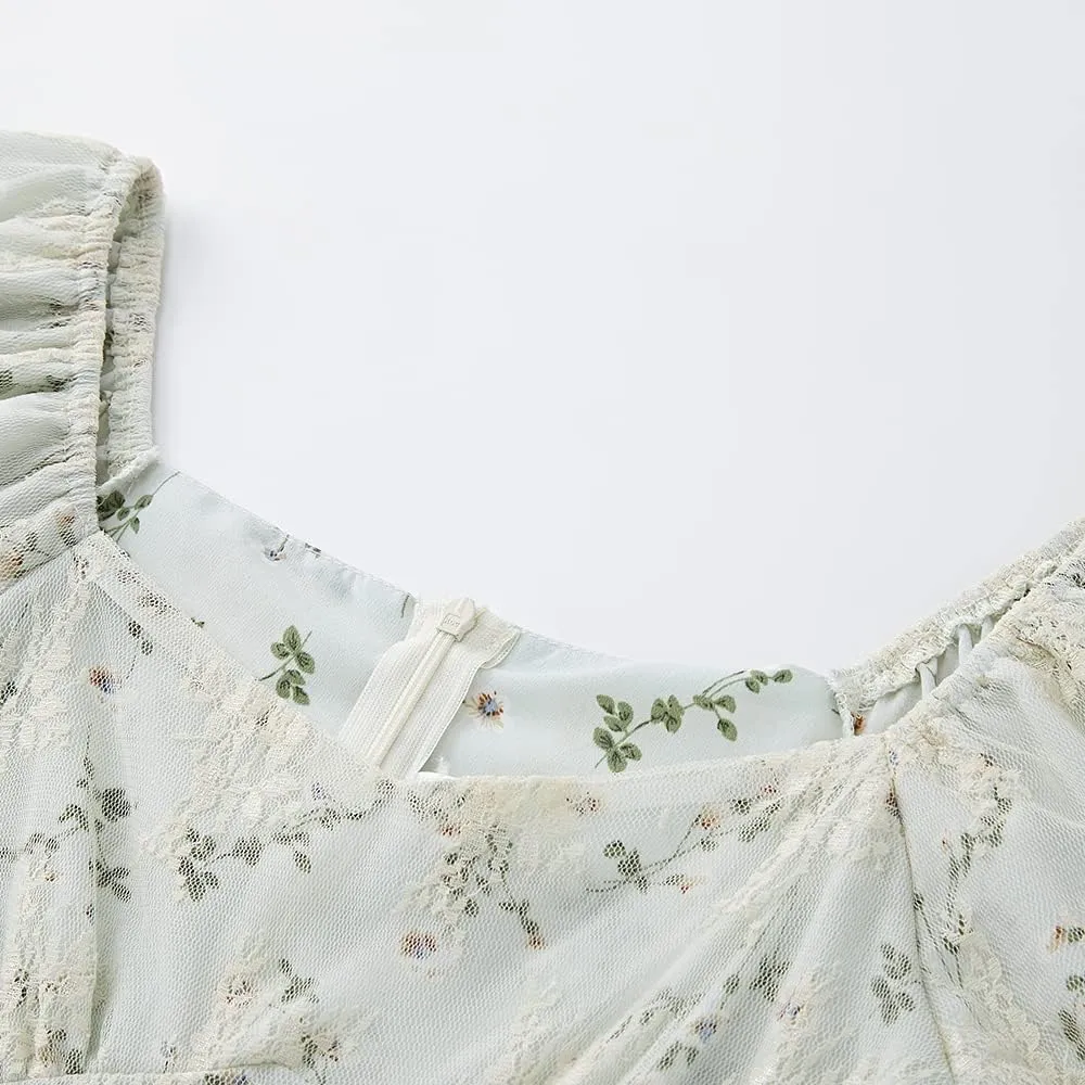 Women Hollow Out Puff Sleeve Floral Embroidery Lace Mesh Dress for Casual Wedding Cocktail Party