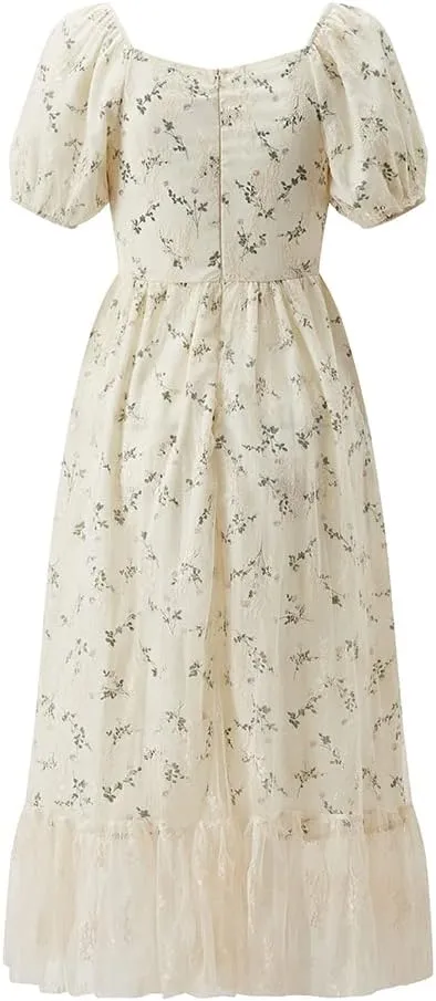 Women Hollow Out Puff Sleeve Floral Embroidery Lace Mesh Dress for Casual Wedding Cocktail Party