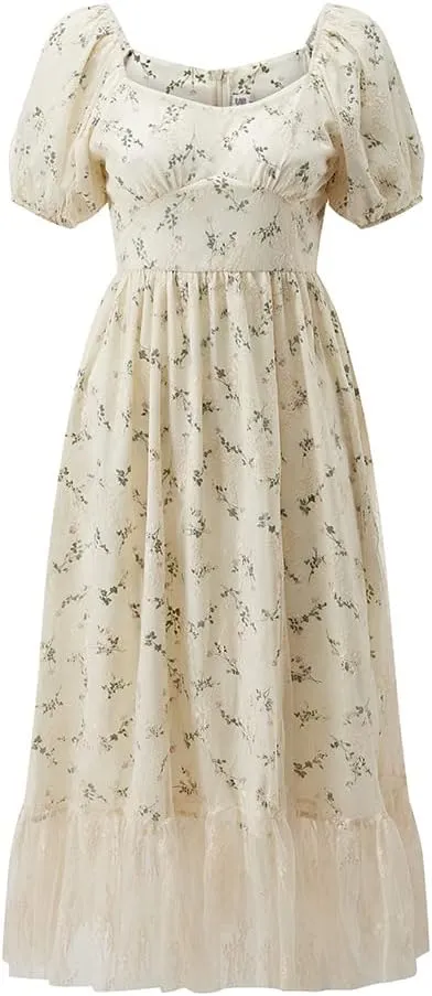 Women Hollow Out Puff Sleeve Floral Embroidery Lace Mesh Dress for Casual Wedding Cocktail Party