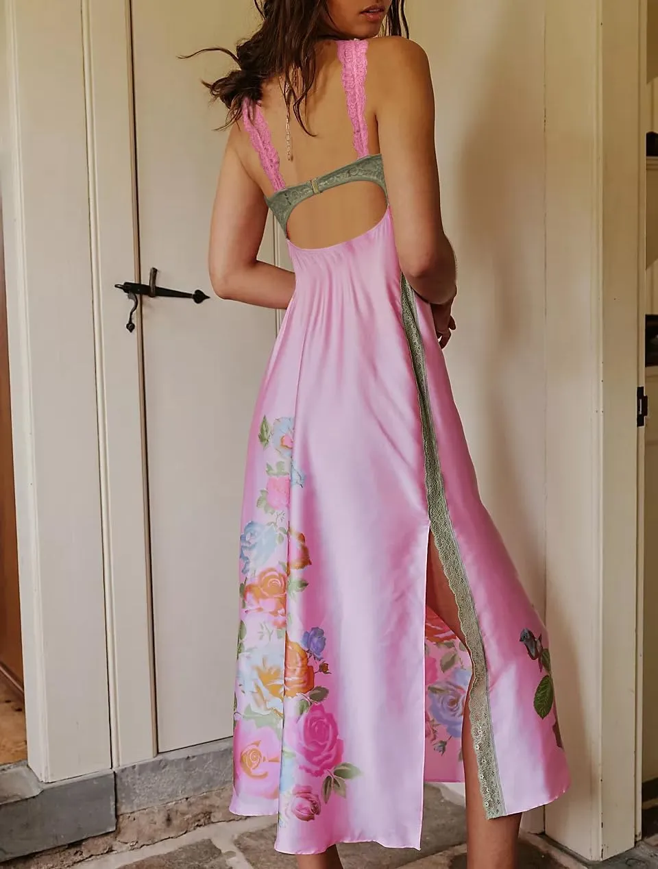 Women Lace Patchwork Floral Maxi Dress Backless Side Slit Corset Midi Dress Sleeveless Holiday Beach Flowy Sundress
