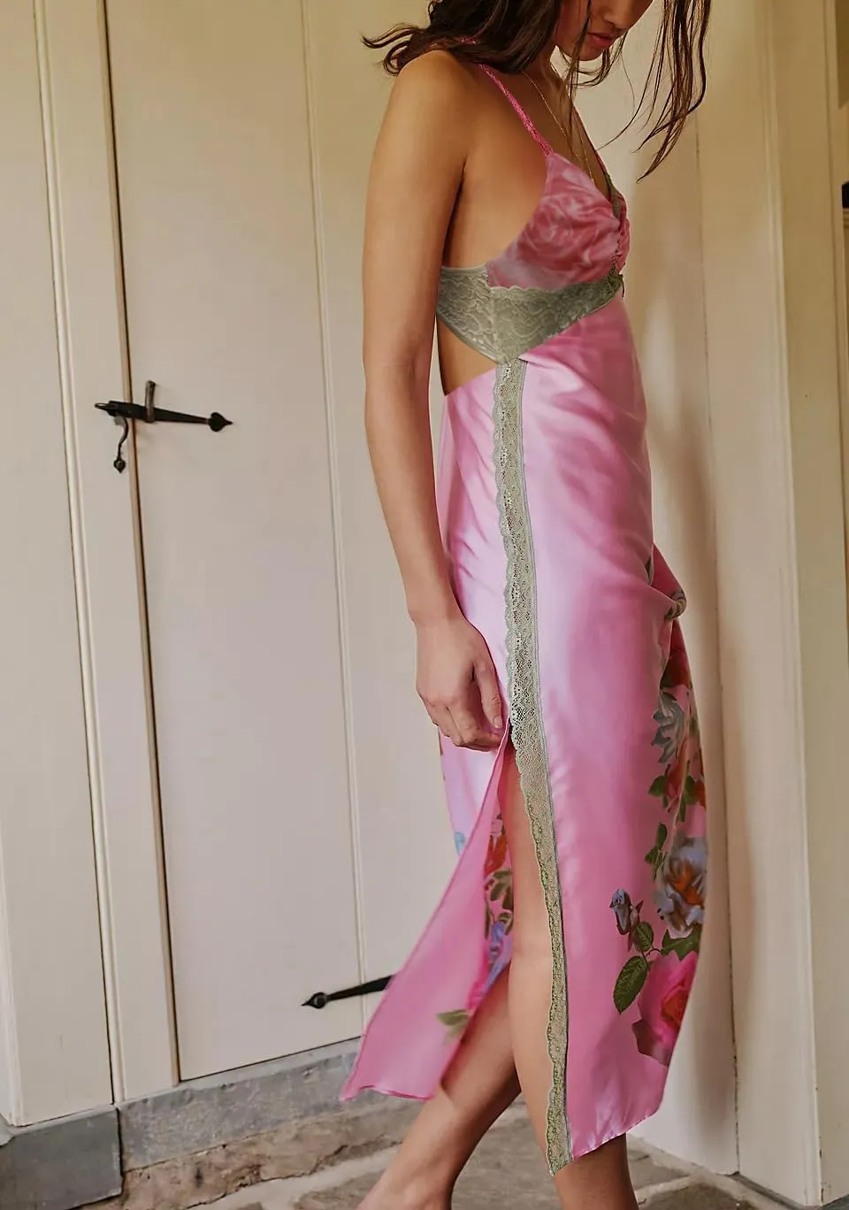 Women Lace Patchwork Floral Maxi Dress Backless Side Slit Corset Midi Dress Sleeveless Holiday Beach Flowy Sundress