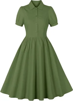 Women Lapel Short Sleeve Vintage Cocktail Swing Dress Retro 50s 60s Button up 1950s Rockabilly Prom Midi Evening Dress