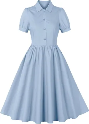 Women Lapel Short Sleeve Vintage Cocktail Swing Dress Retro 50s 60s Button up 1950s Rockabilly Prom Midi Evening Dress
