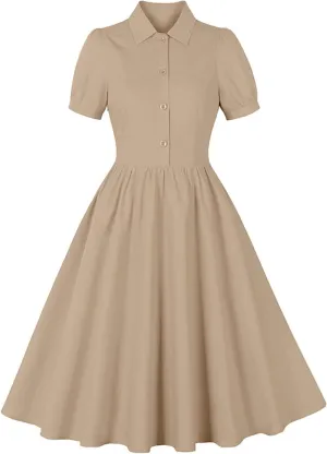 Women Lapel Short Sleeve Vintage Cocktail Swing Dress Retro 50s 60s Button up 1950s Rockabilly Prom Midi Evening Dress