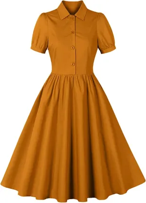 Women Lapel Short Sleeve Vintage Cocktail Swing Dress Retro 50s 60s Button up 1950s Rockabilly Prom Midi Evening Dress