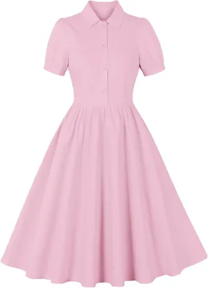 Women Lapel Short Sleeve Vintage Cocktail Swing Dress Retro 50s 60s Button up 1950s Rockabilly Prom Midi Evening Dress