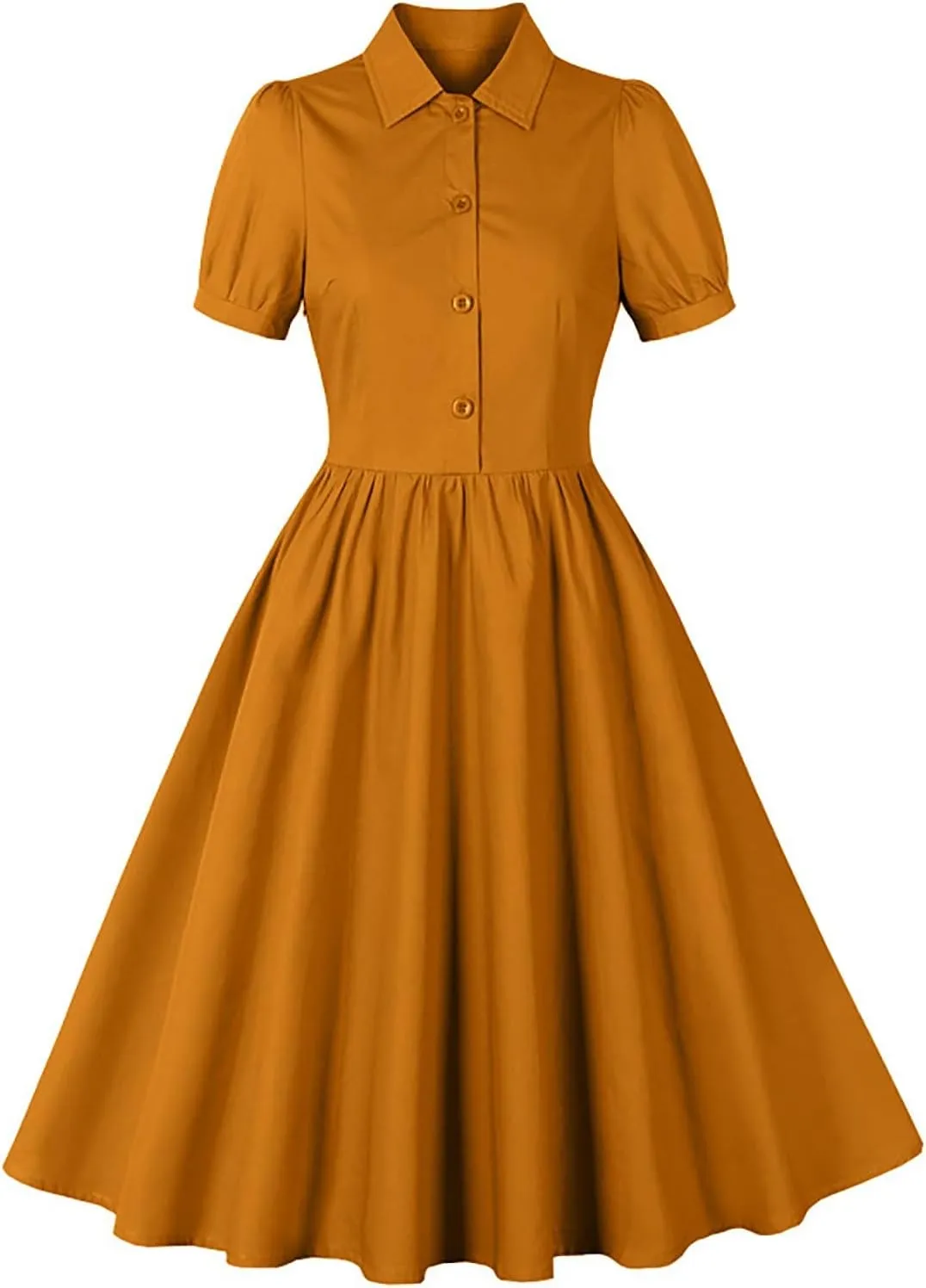 Women Lapel Short Sleeve Vintage Cocktail Swing Dress Retro 50s 60s Button up 1950s Rockabilly Prom Midi Evening Dress