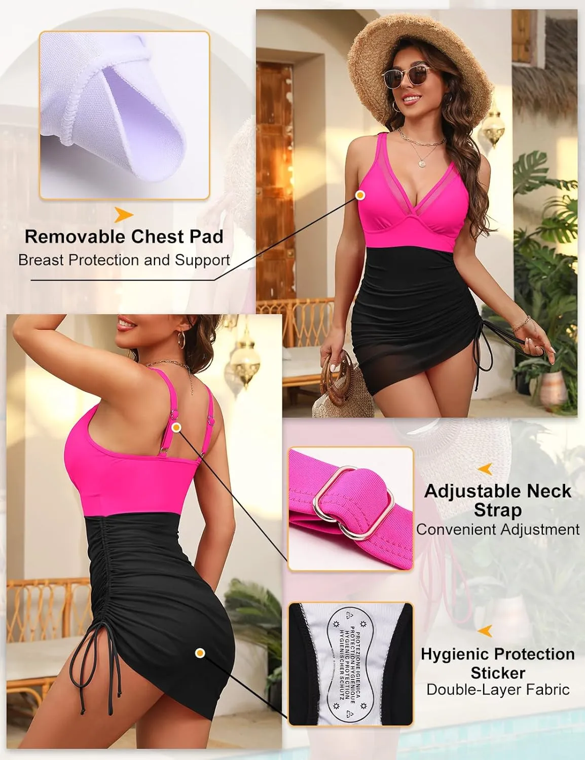 Women One Piece Swim Dress Tummy Control Slimming Swimsuits Sexy Mesh Sheer Sarong Wraps Bathing Suit Swimwear