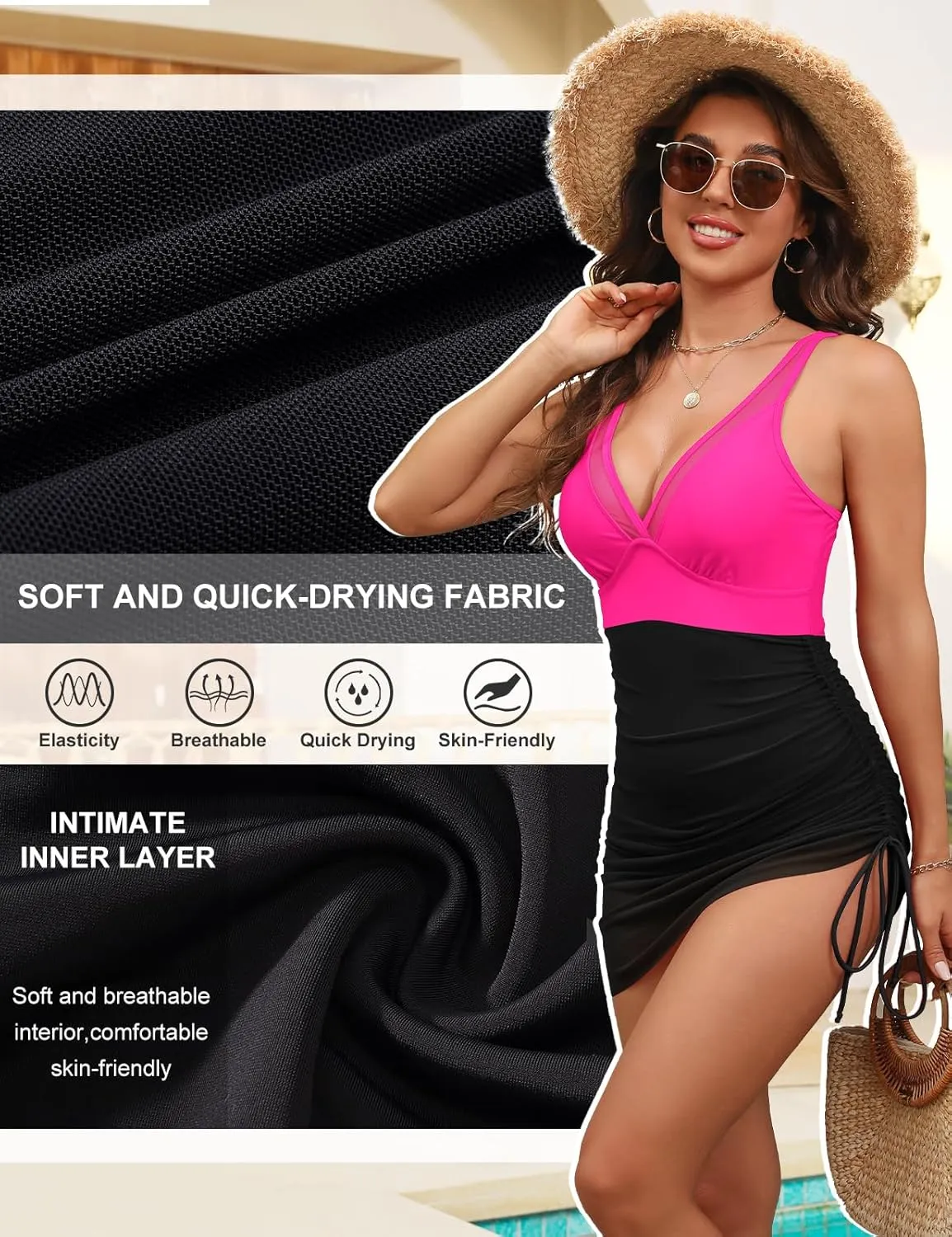 Women One Piece Swim Dress Tummy Control Slimming Swimsuits Sexy Mesh Sheer Sarong Wraps Bathing Suit Swimwear