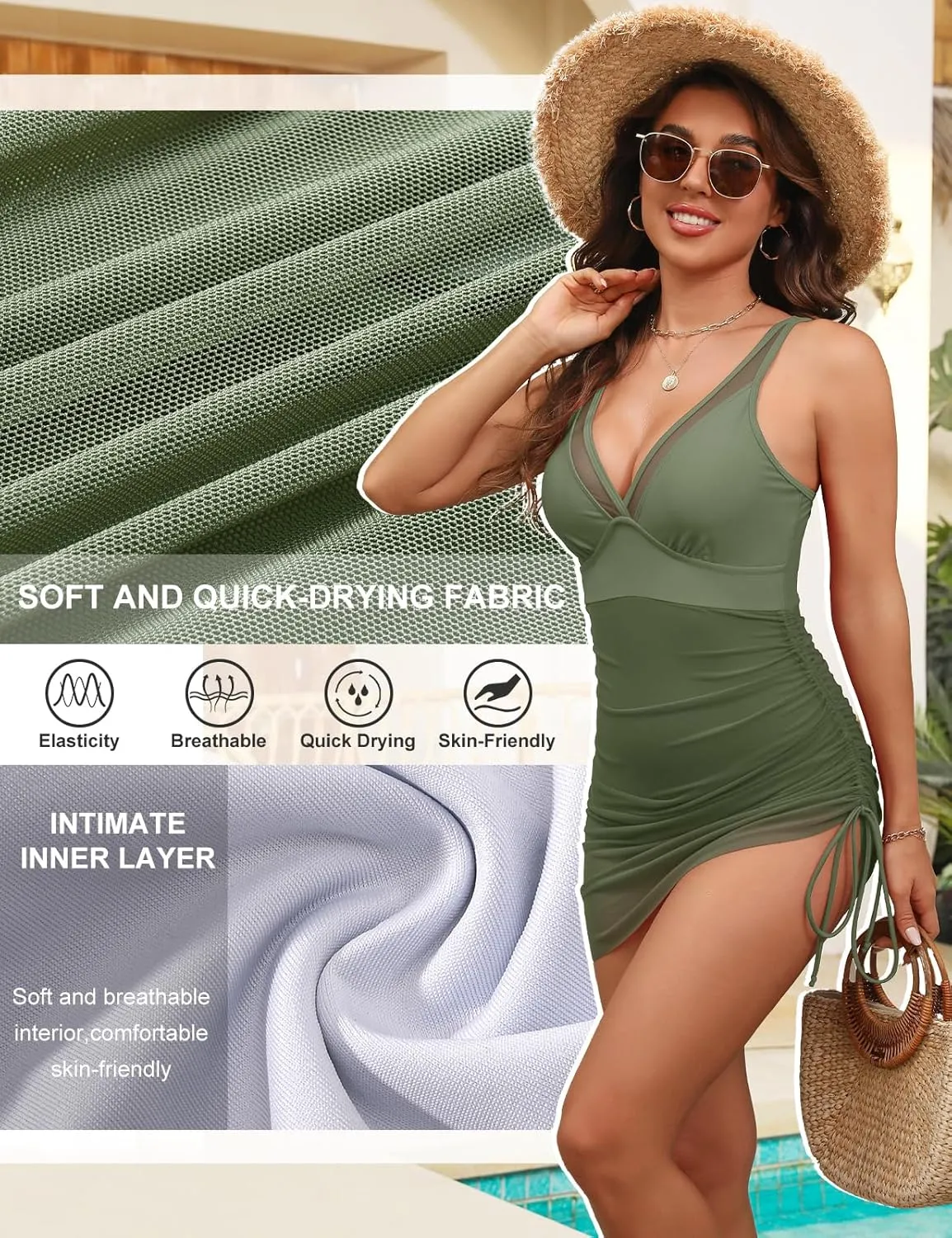 Women One Piece Swim Dress Tummy Control Slimming Swimsuits Sexy Mesh Sheer Sarong Wraps Bathing Suit Swimwear