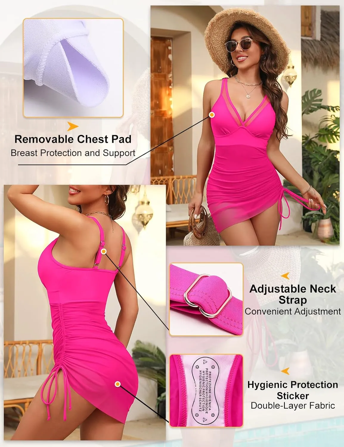 Women One Piece Swim Dress Tummy Control Slimming Swimsuits Sexy Mesh Sheer Sarong Wraps Bathing Suit Swimwear