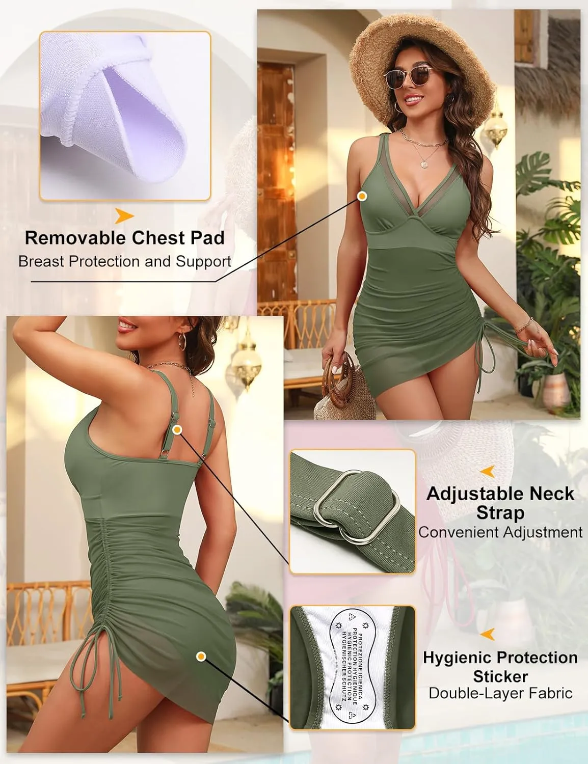 Women One Piece Swim Dress Tummy Control Slimming Swimsuits Sexy Mesh Sheer Sarong Wraps Bathing Suit Swimwear
