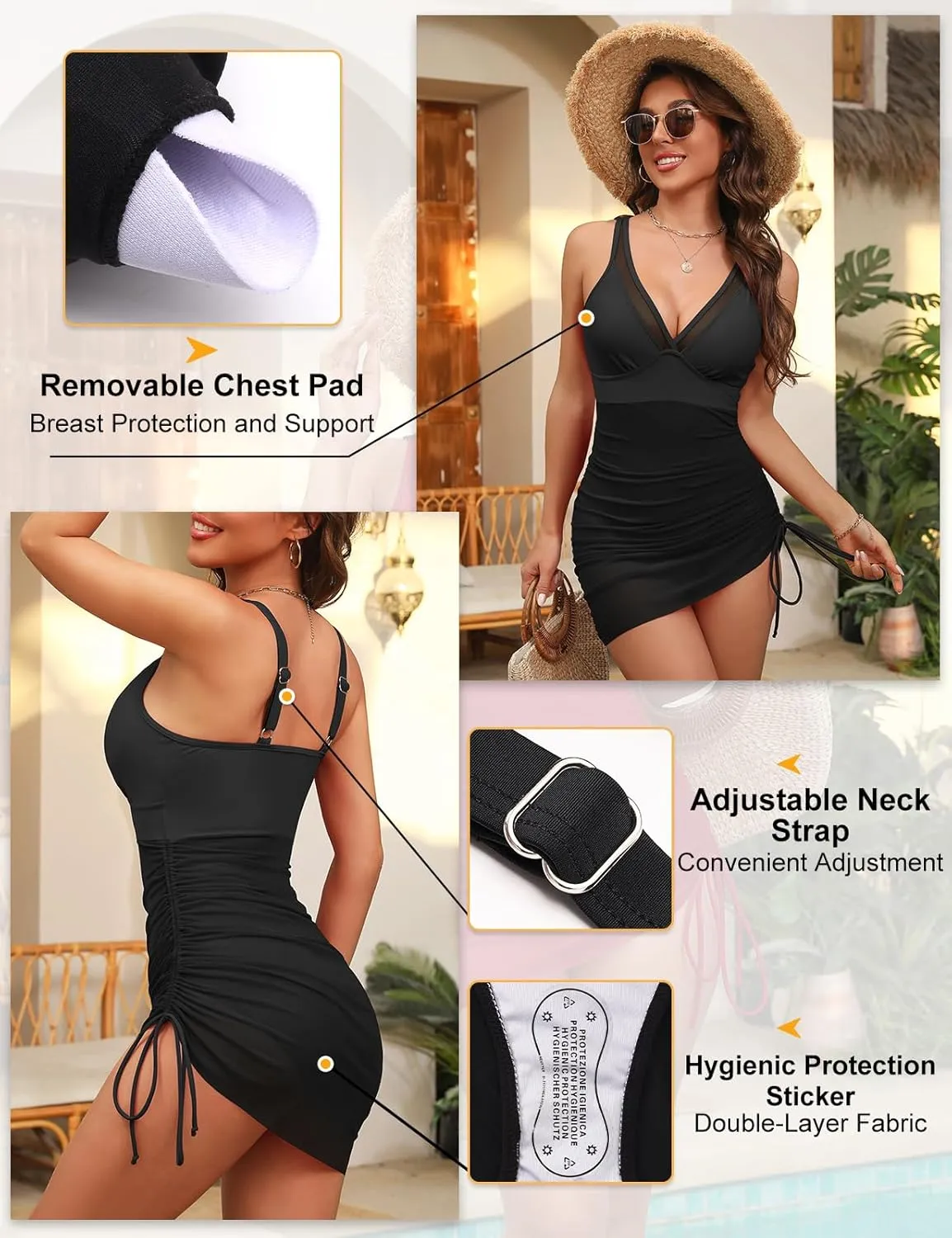 Women One Piece Swim Dress Tummy Control Slimming Swimsuits Sexy Mesh Sheer Sarong Wraps Bathing Suit Swimwear