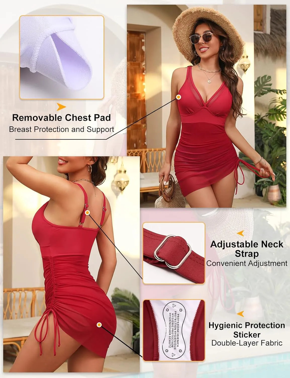 Women One Piece Swim Dress Tummy Control Slimming Swimsuits Sexy Mesh Sheer Sarong Wraps Bathing Suit Swimwear