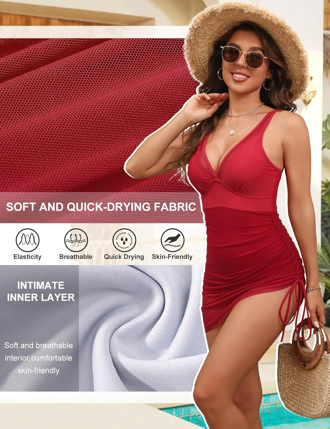 Women One Piece Swim Dress Tummy Control Slimming Swimsuits Sexy Mesh Sheer Sarong Wraps Bathing Suit Swimwear