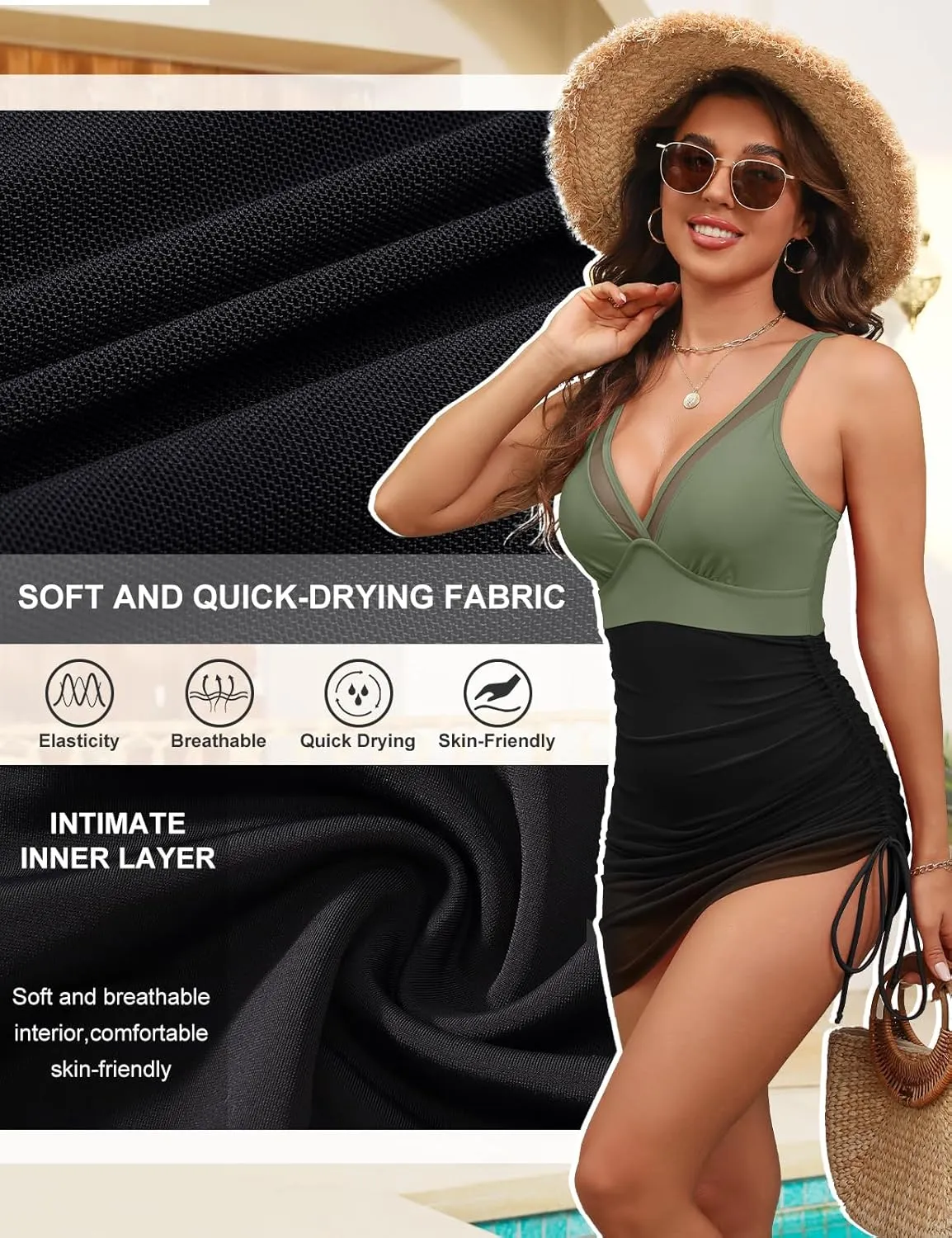 Women One Piece Swim Dress Tummy Control Slimming Swimsuits Sexy Mesh Sheer Sarong Wraps Bathing Suit Swimwear