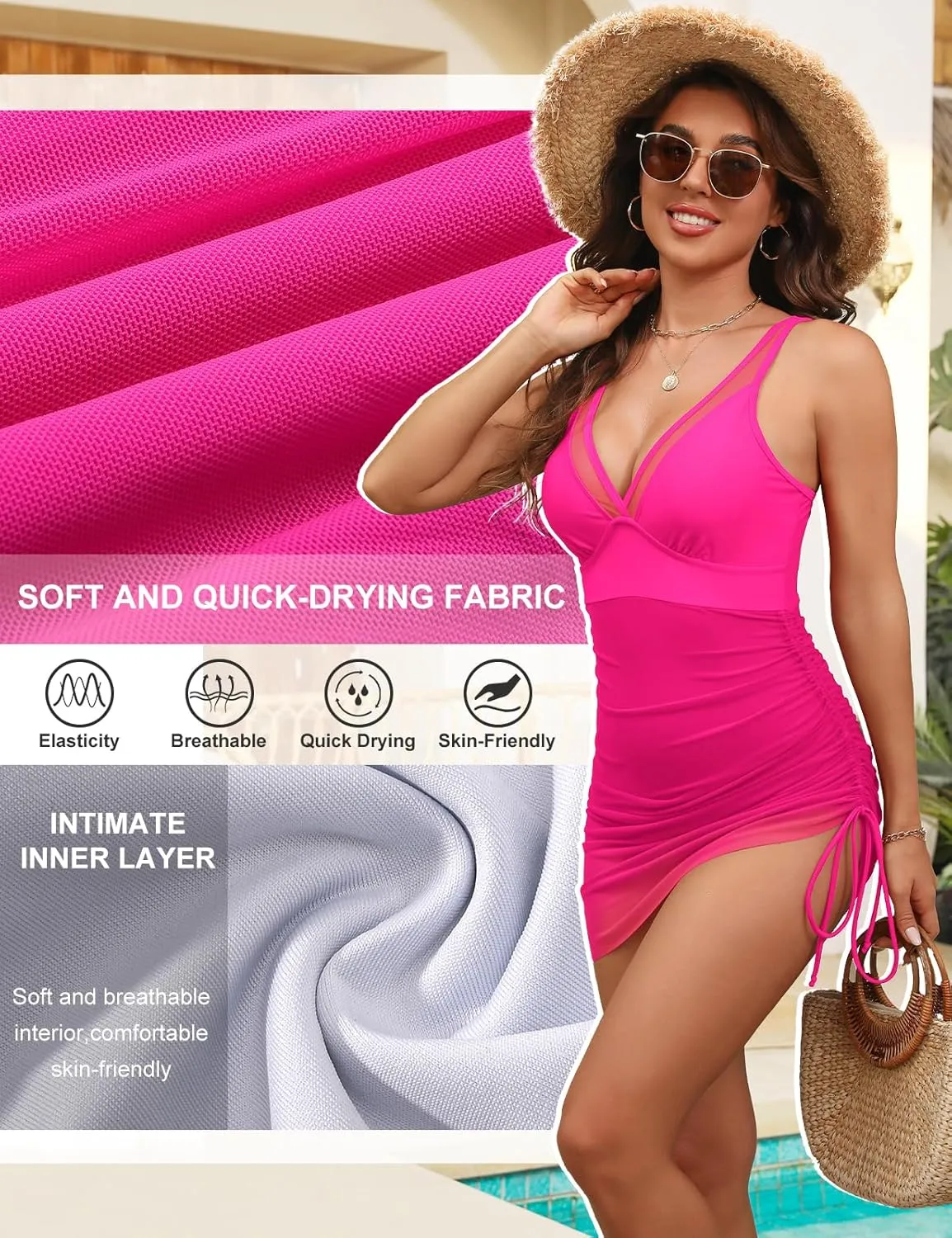 Women One Piece Swim Dress Tummy Control Slimming Swimsuits Sexy Mesh Sheer Sarong Wraps Bathing Suit Swimwear