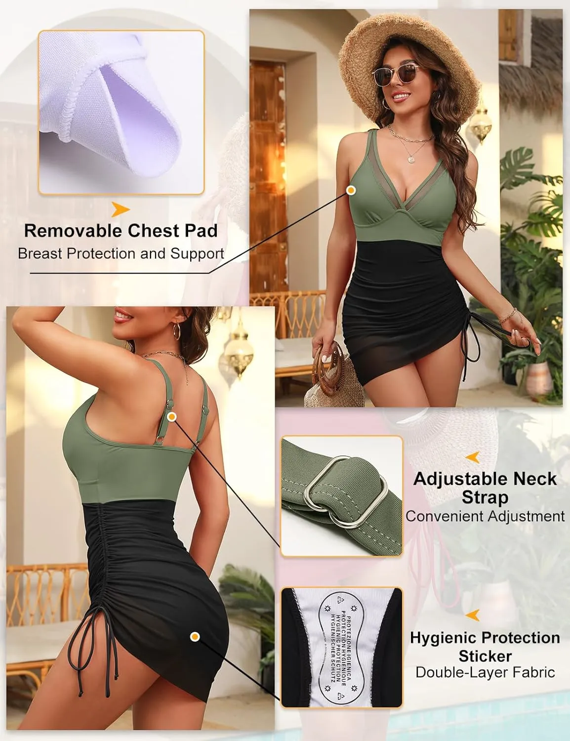 Women One Piece Swim Dress Tummy Control Slimming Swimsuits Sexy Mesh Sheer Sarong Wraps Bathing Suit Swimwear