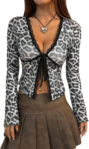 Women Sexy Bow Tie Front Leopard Print Sheer Blouse Y2k Low Cut Self Tie Lace Trim See Through Mesh Cropped Shirt