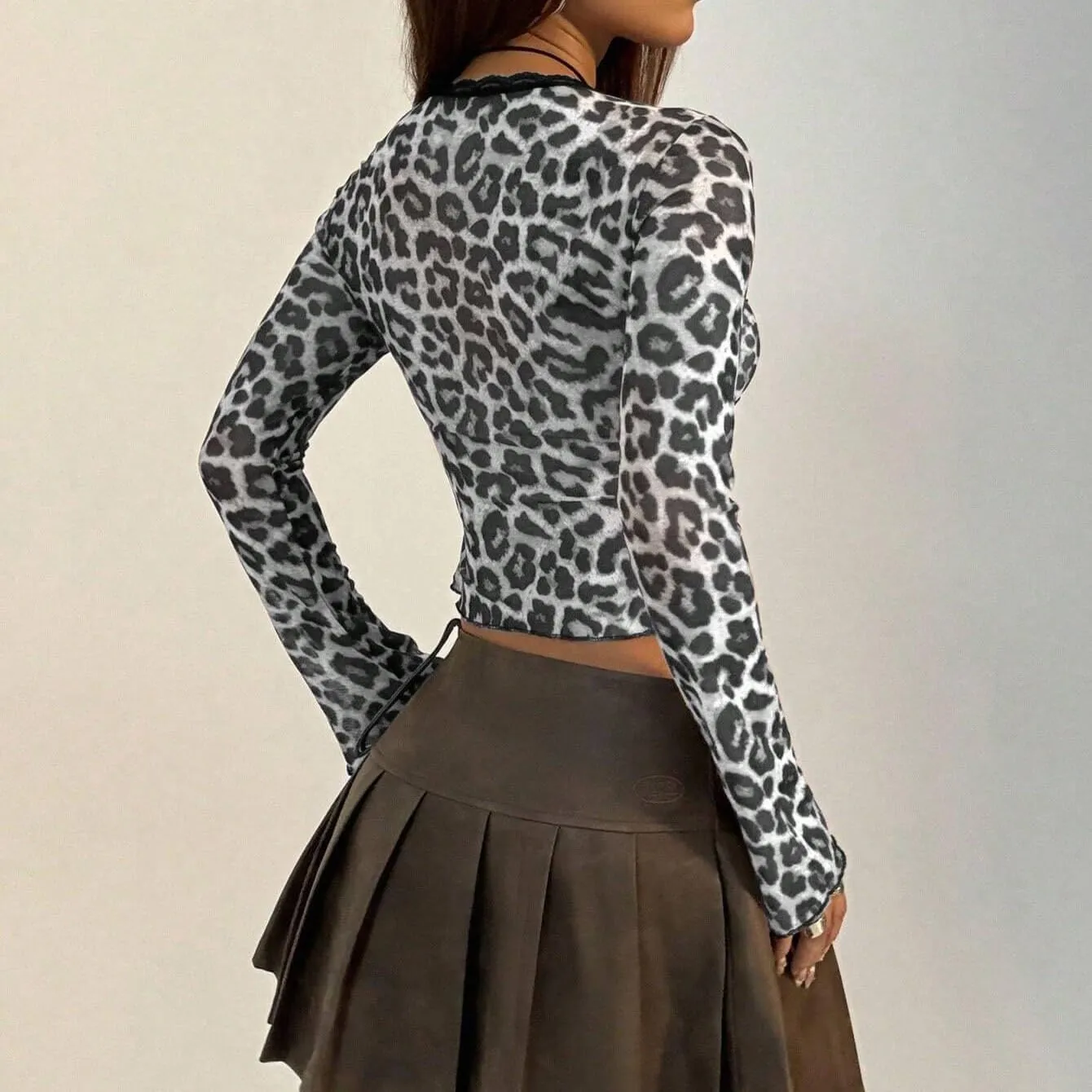 Women Sexy Bow Tie Front Leopard Print Sheer Blouse Y2k Low Cut Self Tie Lace Trim See Through Mesh Cropped Shirt