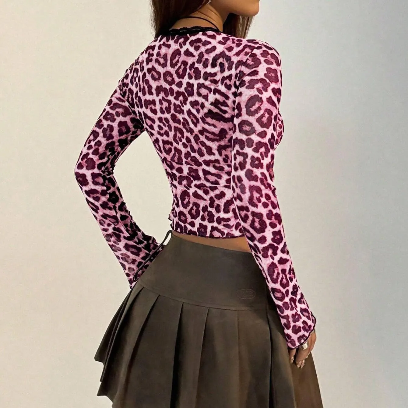 Women Sexy Bow Tie Front Leopard Print Sheer Blouse Y2k Low Cut Self Tie Lace Trim See Through Mesh Cropped Shirt