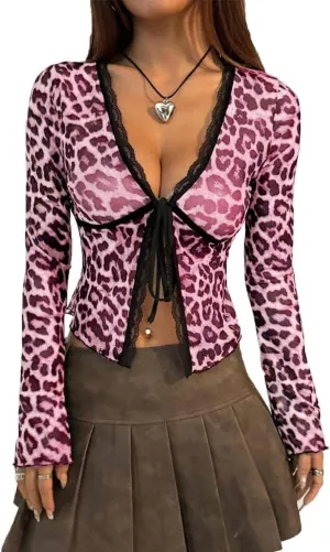 Women Sexy Bow Tie Front Leopard Print Sheer Blouse Y2k Low Cut Self Tie Lace Trim See Through Mesh Cropped Shirt