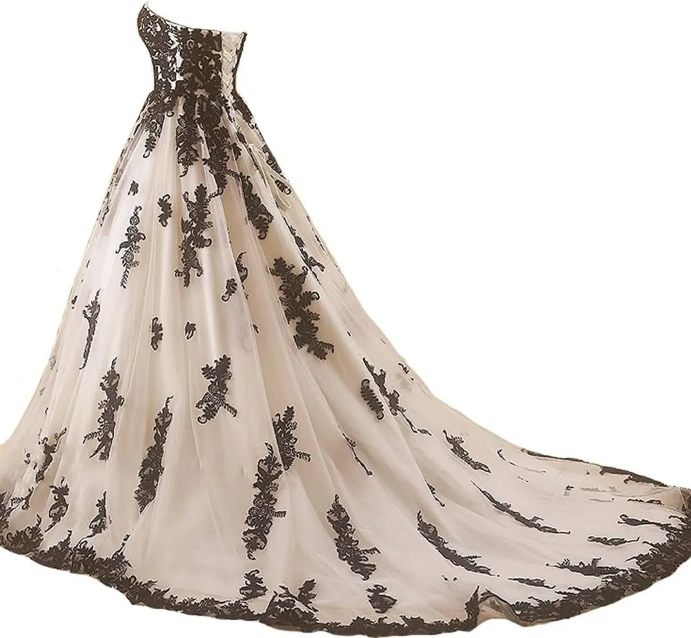 Women Vintage Gothic Black Lace Ball Gown Long Prom Dresses Bridal Wedding Dresses